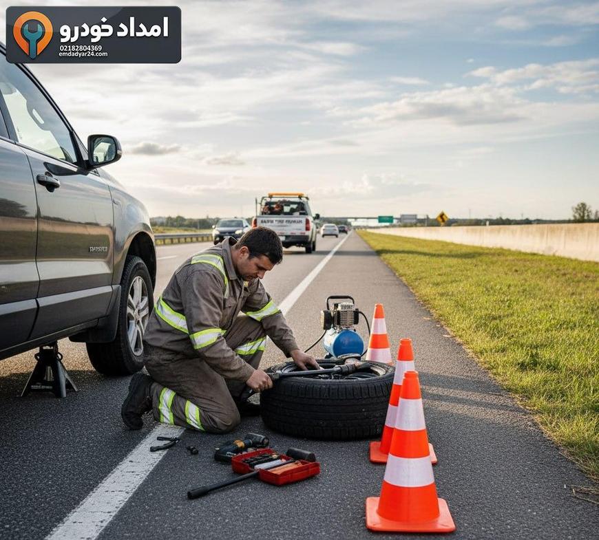 امداد خودرو تهران؛ چگونه سریعترین و مطمئنترین خدمت را انتخاب کنیم؟ پنچرگیری سیار در حاشیه مسیر با تجهیزات استاندارد