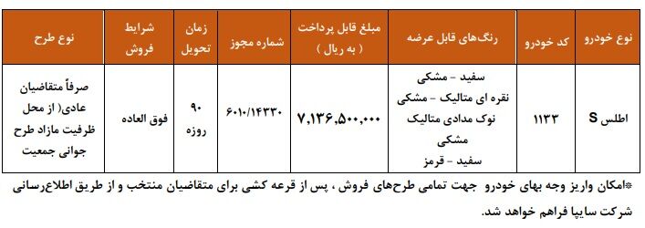 بخشنامه فروش فوری خودرو اطلس S سایپا (آذر 1404) شرایط فروش