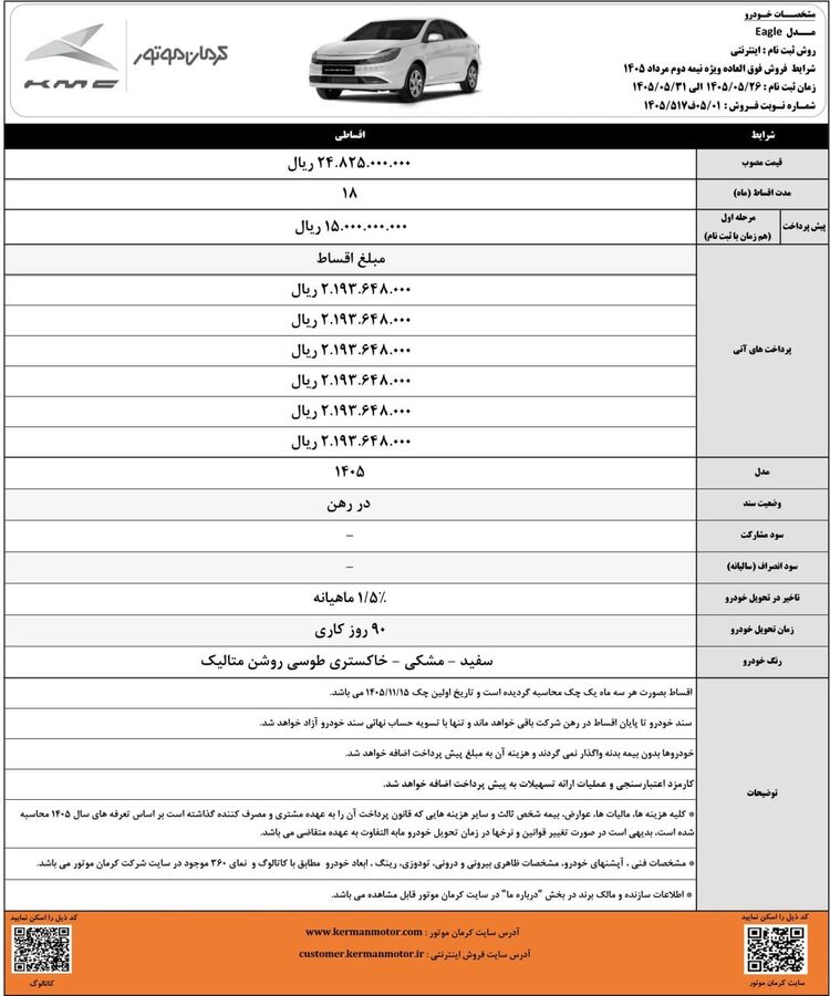 شرایط فروش اقساطی ایگل اعلام شد شرایط فروش اقساطی ایگل اعلام شد